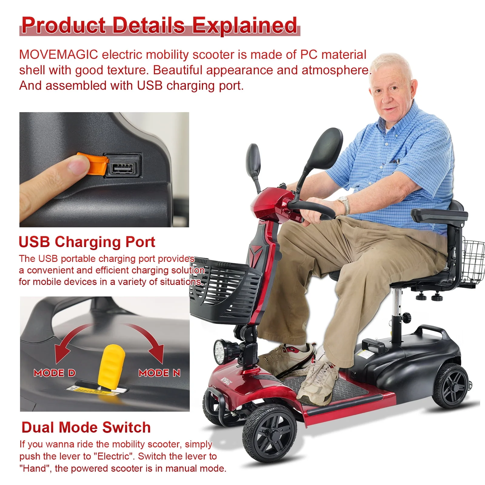 Mihayo 25 Mile Range Travel Foldable Electric Mobility Scooters for Adults,4 Wheel Power Motorized Scooter for Seniors 4-Piece Set 330 lbs Weight Capacity,Red Mirage S1