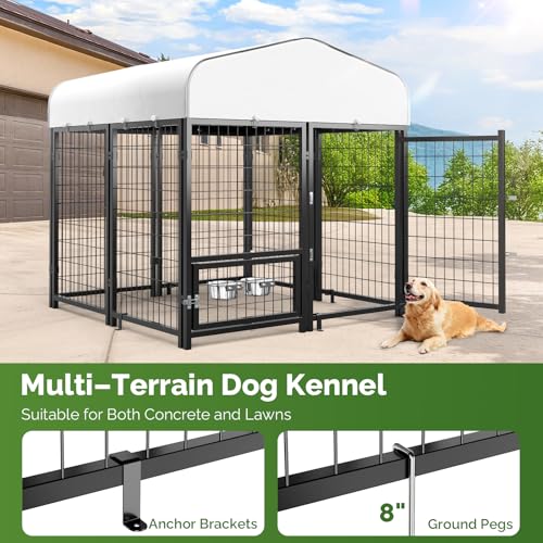 SINO LUBAN Outdoor Dog Kennel Outside Run with Doggy Door, Swivel Feeder&Roof - 8x4x6 Large Dog Kennels Pens Outside for Large Dogs Breed-Heavy Duty Cage Enclosure Yard (Can Connect to Your Dog House)