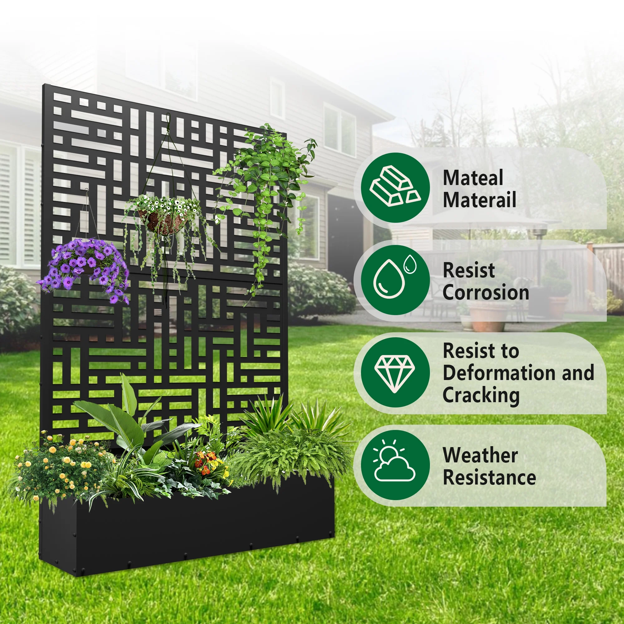 FOOWIN 71'' H Metal Planter with Trellis, Outdoor Raised Garden Bed for Climbing Plants, Trellis Planter Box with Drainage Hole, Black, 1PC