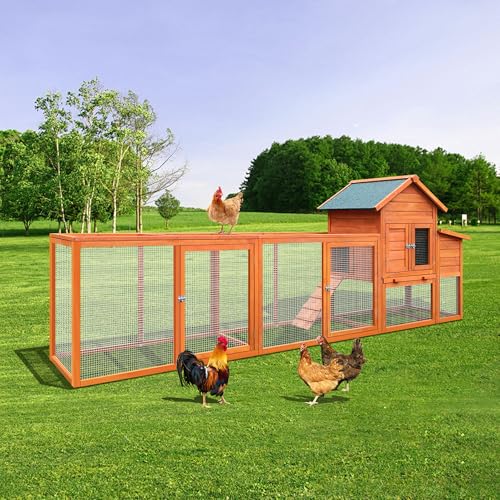 KEIKI 122＂Large Wooden Chicken Coop with Run and Nesting Box, Outdoor Hen House, Wooden Poultry Cage Wire Fence Poultry Cage