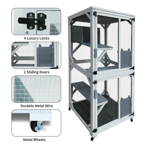 Wooden Catio Outdoor Cat Enclosure, 71 Inch Luxury Cat House on Wheels with Napping House, 4 Platforms & Weatherproof Asphalt Roof, Large Kitty Cat Condo Cage Shelter Playpen with Sliding Doors
