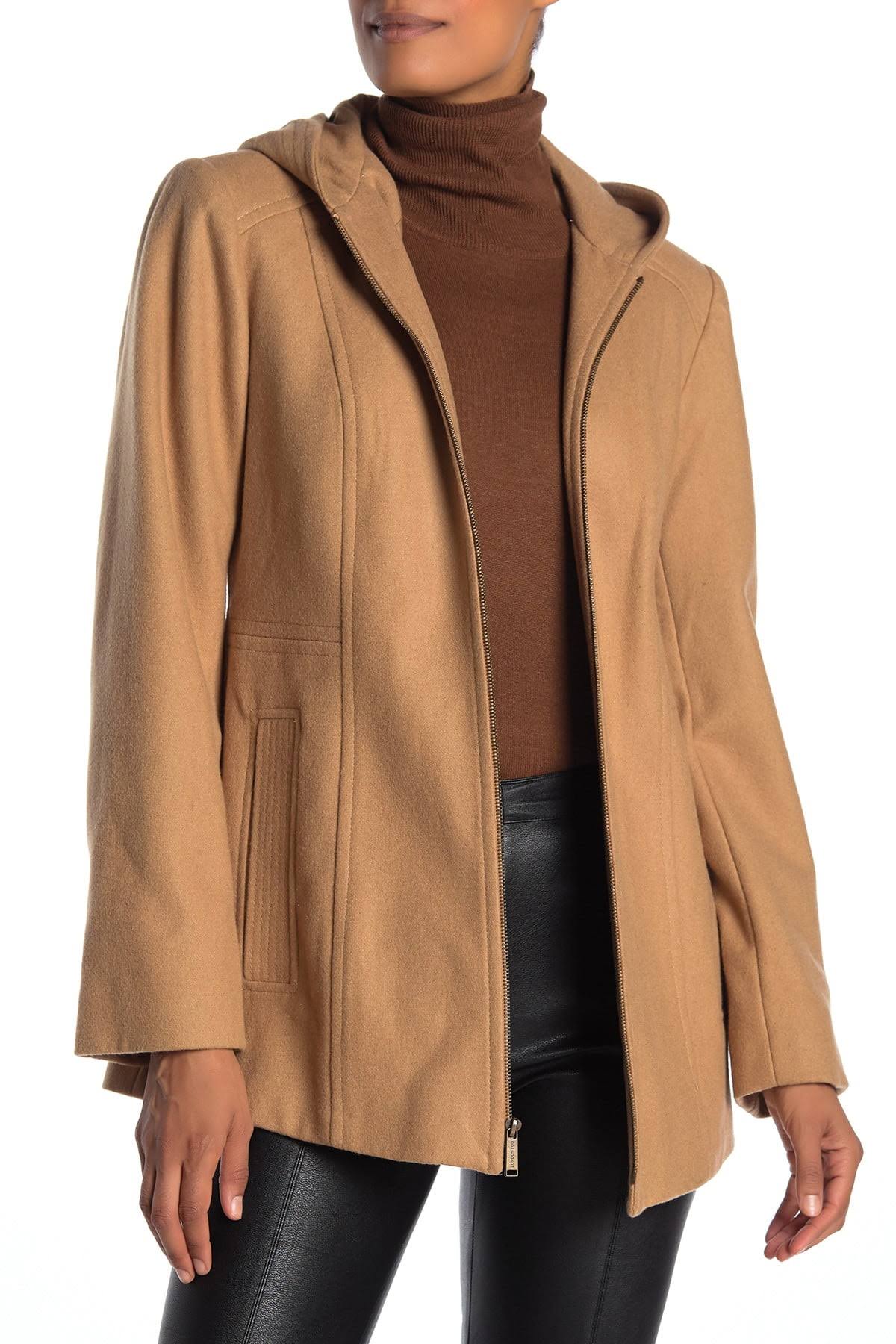 London Fog Hooded Zip Front Wool Blend Coat, Size M - Camel at Nordstrom Rack