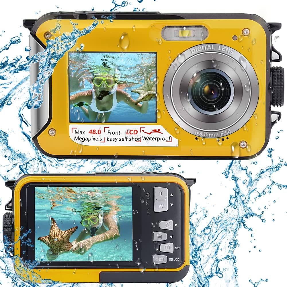 Underwater Camera Full HD 2.7K 48MP Waterproof Camera for Snorkeling Dual Screen Waterproof Camera Digital with Self-Timer and 16X Digital Zoom (Yellow) Pack of 2