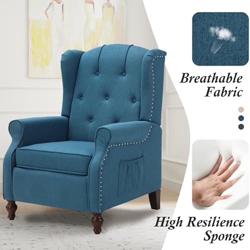 Wingback Recliner Chair with Massage and Heat, Tufted Fabric Pushback Recliner Chair, Wingback Chair with Remote Control, Padded Cushion, Wooden Legs, Small Recliners for Small Spaces