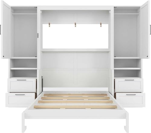 MERITLINE Full Murphy Bed with Desk and Storage 2 Closet,Drawers&Shelves, Wood Folding Murphy Wall Bed Cabinet for Adults (Full,White with Drawers)
