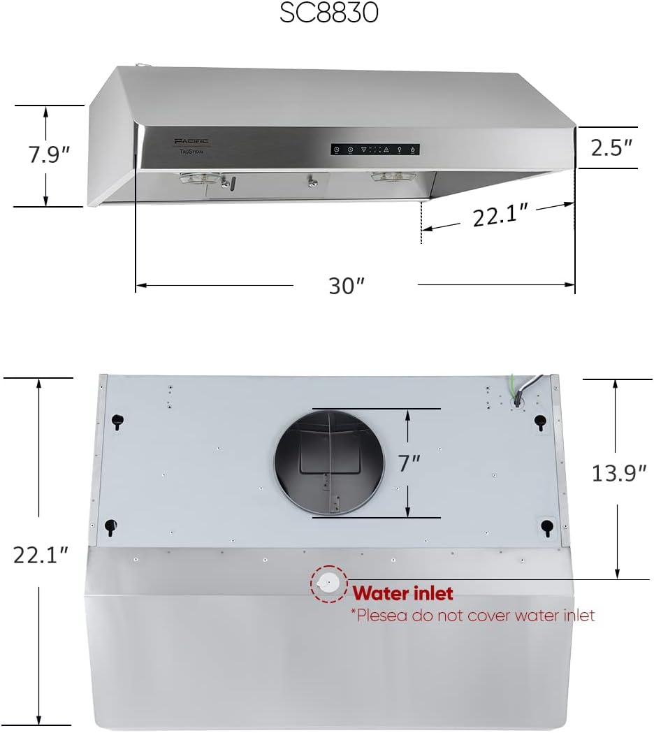 Pacific Trusteam 30" Under Cabinet Hood, Auto Steam Cleaning, 900+ CFM Powerful Vent, Ultra Quiet Performance Hood, Stainless Steel Color, 2 Dual-Level LED Light Strips, High-Tech Touch Control (30')