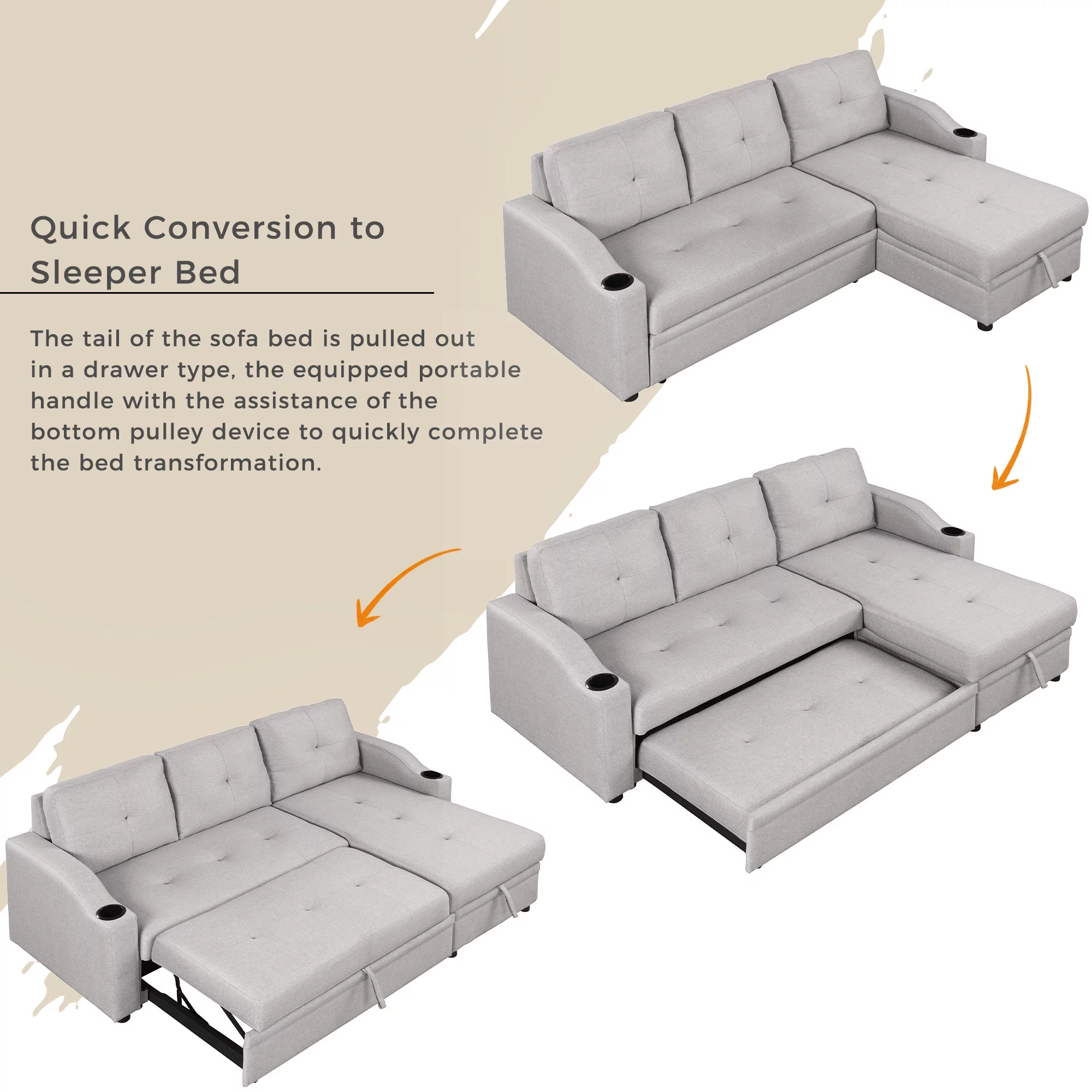 Euroco 80" Pull Out Sofa Bed L Shape Sofa with Storage Chaise and Cup Holder, Linen Fabric 3 Seater Couch, Gray