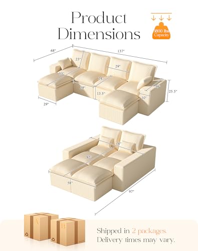 107" Comfy Cloud Couch with L-Shape Chaise & Deep Seat, Modular Sectional Sofa in a Box, Boneless Upholstered Couches for Living Room, No Assembly Required (Soft Corduroy, Black)