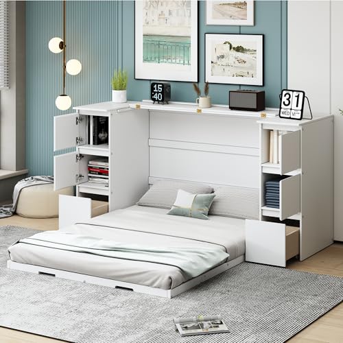Twin Size Murphy Beds with Charging Station and Storage Drawers, Wood Cabinet Bed Frame, Wall Bed with Outlet & USB Ports for Home Office Studio, White
