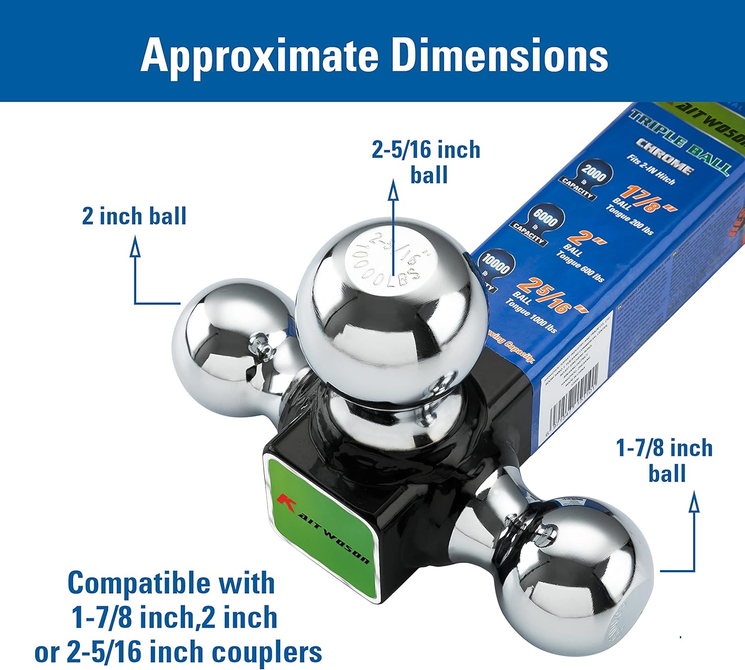 KAITWOSON Trailer Hitch Tri Ball Mount with Hook, 1-7/8,2,2-5/16-inch Hitch Balls, Chrome Pack of 2