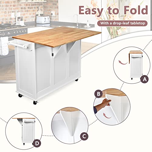SILKYDRY Kitchen Island with Stainless Steel Top, Rolling Kitchen Trolley Cart with Storage Cabinet, 3 Drawers, Towel & Spice Rack, Island Table for Kitchen, Dining Room
