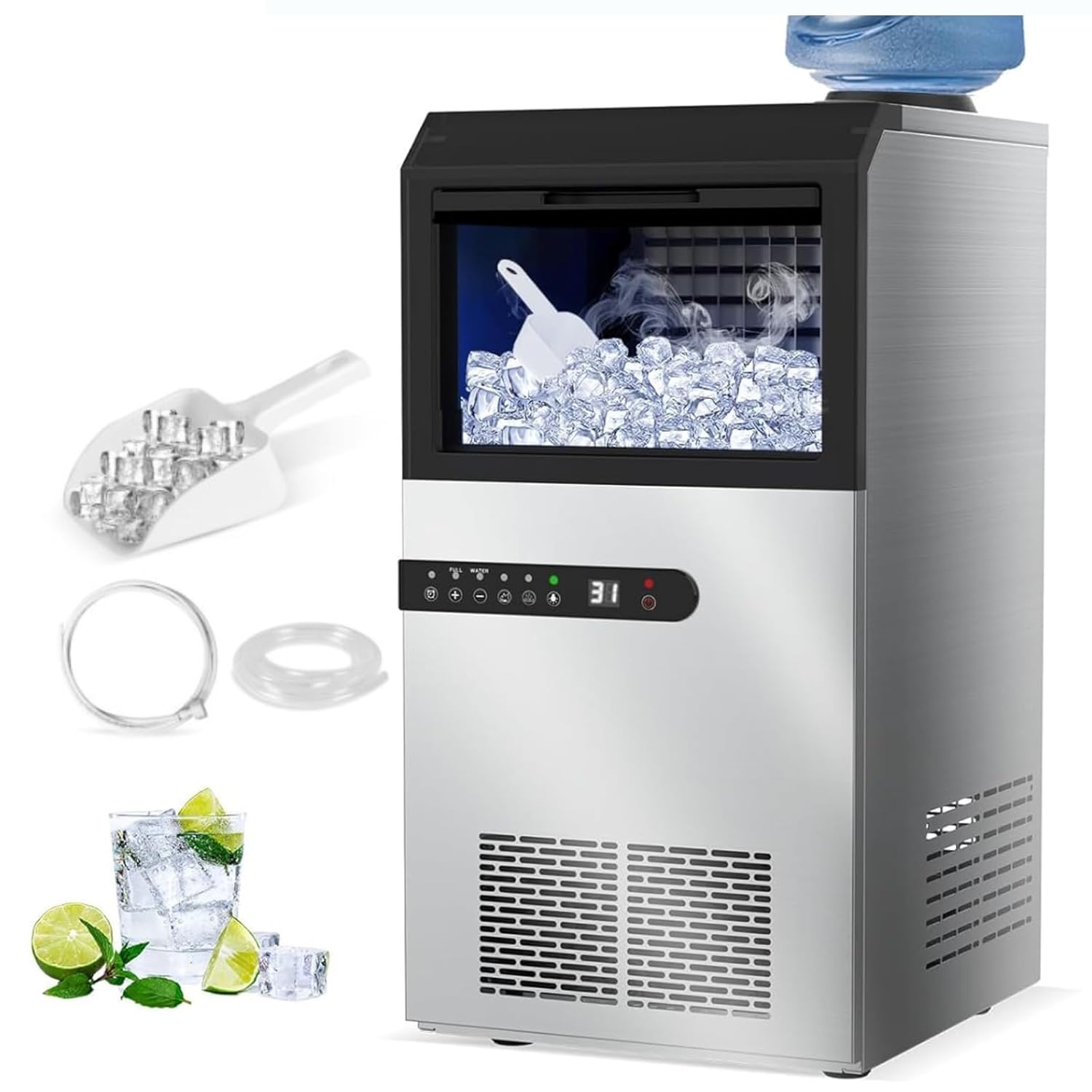 Commercial Ice Maker Machine, 100Lbs/24H Ice Production Under Counter Ice Maker, Tap Water & Top Loading Freestanding Ice Machine, 45 Ice Cubes/Cycle, Include Ice Scoop, Connection Hose