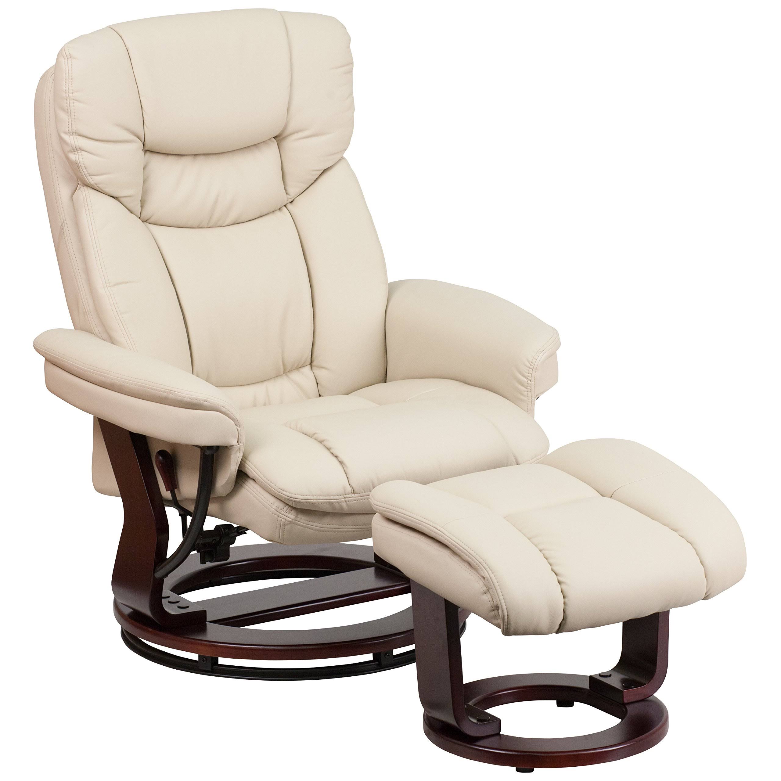 Flash Furniture Contemporary Multi Position Recliner And Curved Ottoman With Swivel Mahogany Wood Base - Beige
