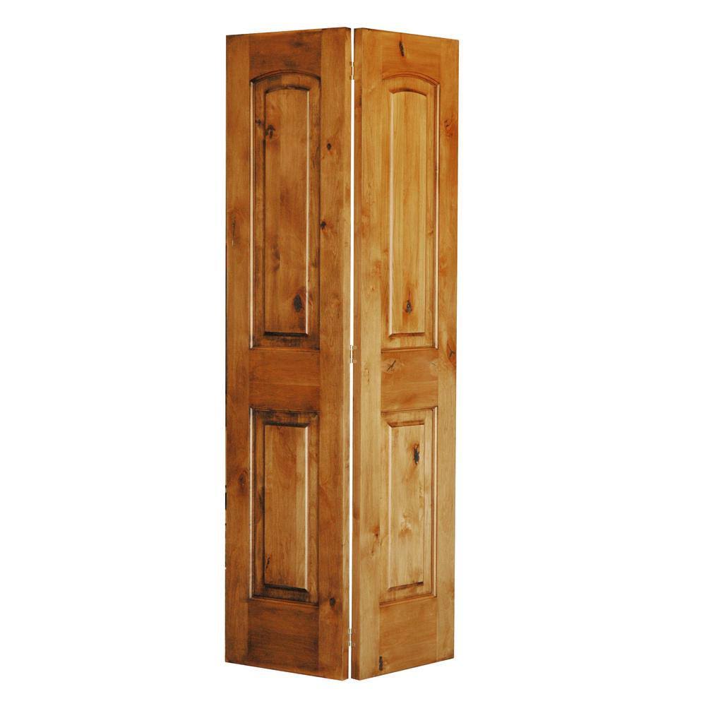 Krosswood Doors 30 in. x 80 in. Rustic Knotty Alder 2 Panel Arch Top Solid Core Unfinished Wood Interior Bi-Fold Door