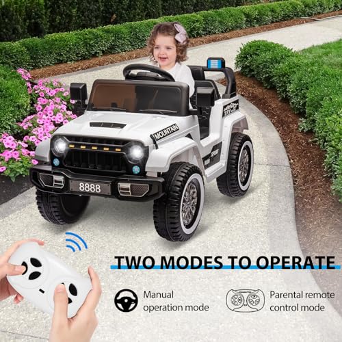 Ride on Truck Car w/Remote Control, 12V Kids Electric Vehicles w/Spring Suspension, 3 Speeds, LED Lights, Music, MP3, Ride on Toys for Boys Girls, White