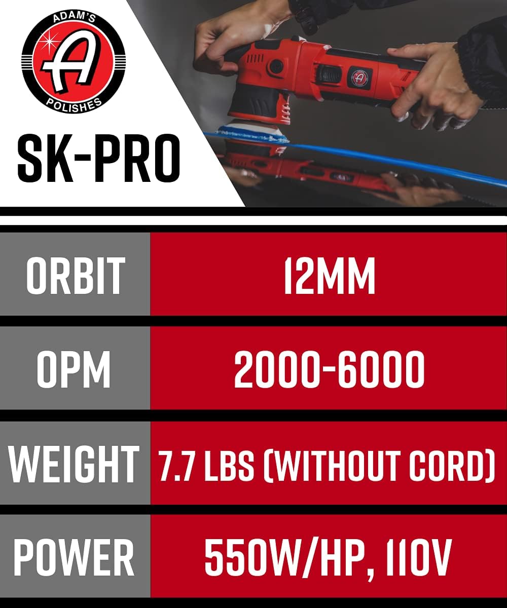 Adam’s SK Pro 12mm Car Polisher - Professional Dual Action Polisher For Car Detailing - Paint Correction, Waxer Buffer DA Polisher - Variable Speed Car Polisher System (Polishing Kit)