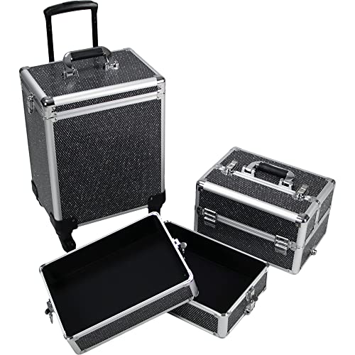 4 in 1 Rolling Makeup Train Case, Aluminum Makeup Travel Organizer Cosmetic Case, Cosmetology Display Suitcase on Wheels, Beauty Storage Luggage Lockable w/4 Removable Wheels(Silver)