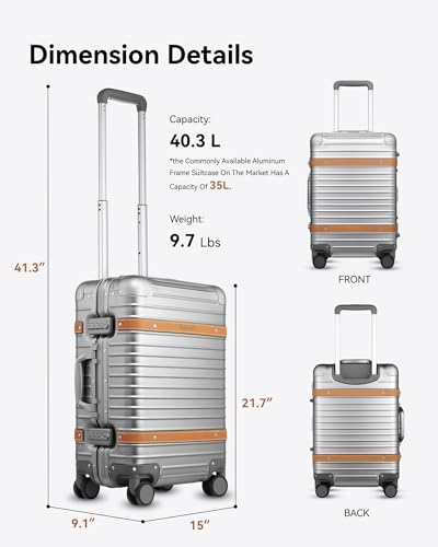 LUGGEX All Aluminum Carry On Luggage with Wheels - Zipperless Hardshell Luggage with TSA Lock (Silver Suitcase,20 Inch)