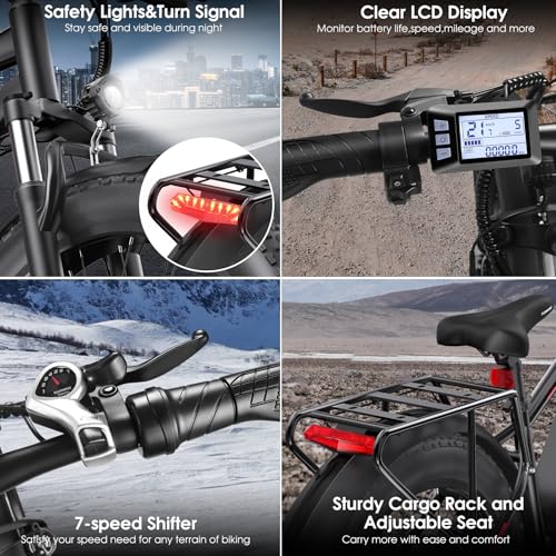 Electric Bike for Adults, Peak 1000W Ebike, 25MPH 60Miles Electric Mountain Bike, 26" Fat Tire Adult Electric Bicycle with 48V 13AH Battery, Rear Rack, 7 Speed, Front Suspension, Turn Signal