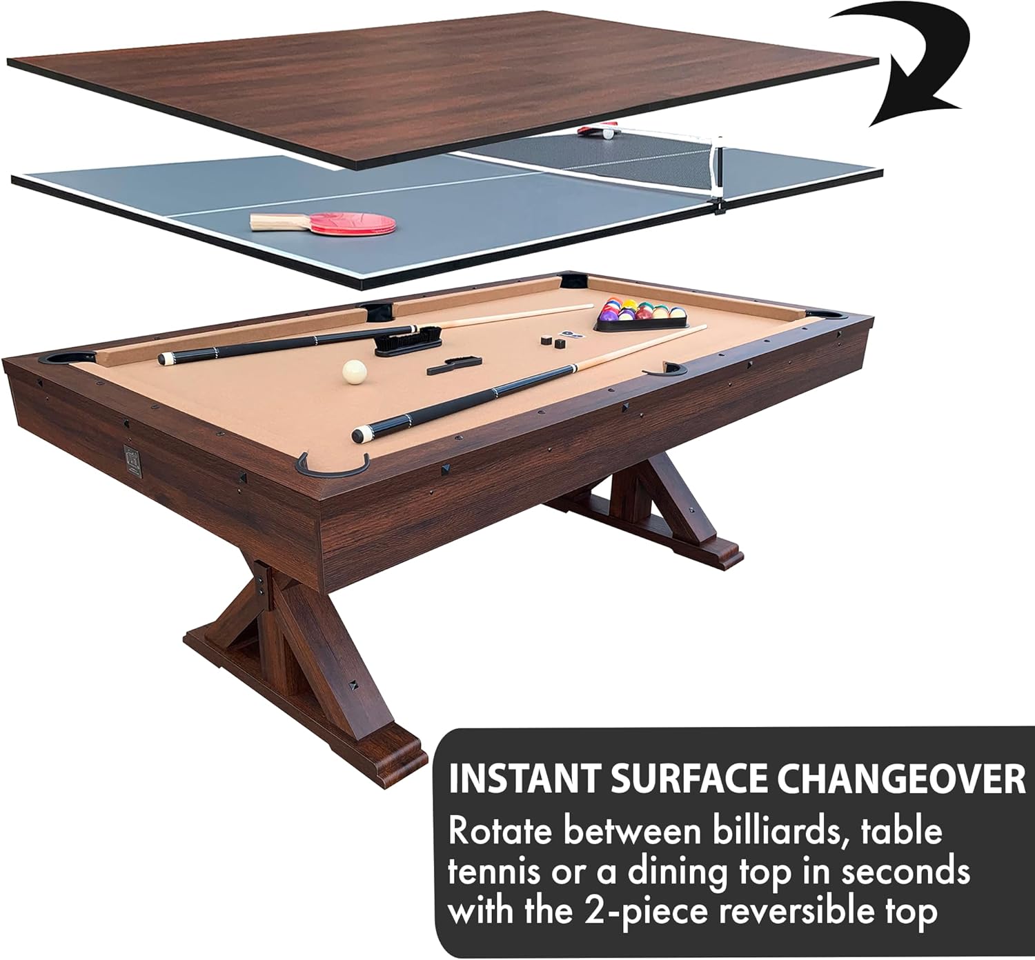 7 FT 3 in 1 Multi Game Pool Table with Dining Top Pool Table Ping Pong Table Combo, Includes Pool Table Accessories and Tennis Paddles