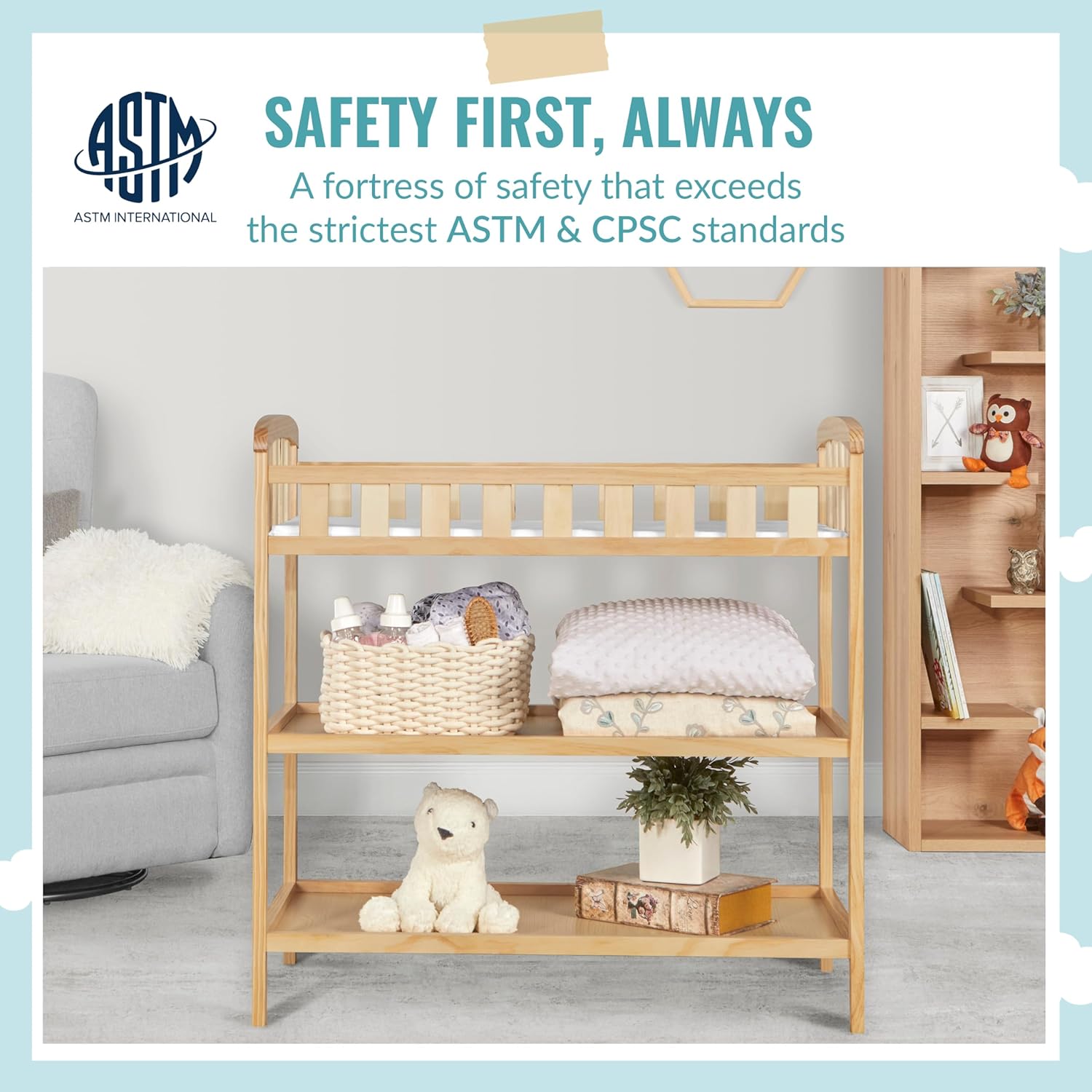 Synergy 5-in-1 Convertible Crib & Emily Changing Table with 1" Pad, 2 Shelves in Natural