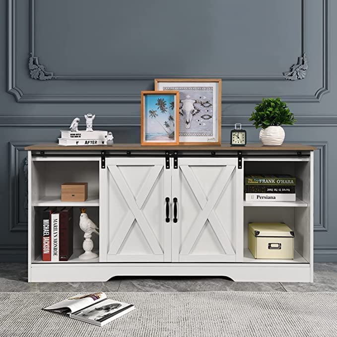 4 EVER WINNER Farmhouse TV Stand with Sliding Barn Doors, Espresso Entertainment Center for 65 Inch TV with Storage Cabinet, Classic Media Console for TV Up to 65 Inch TV Furniture for Living Room