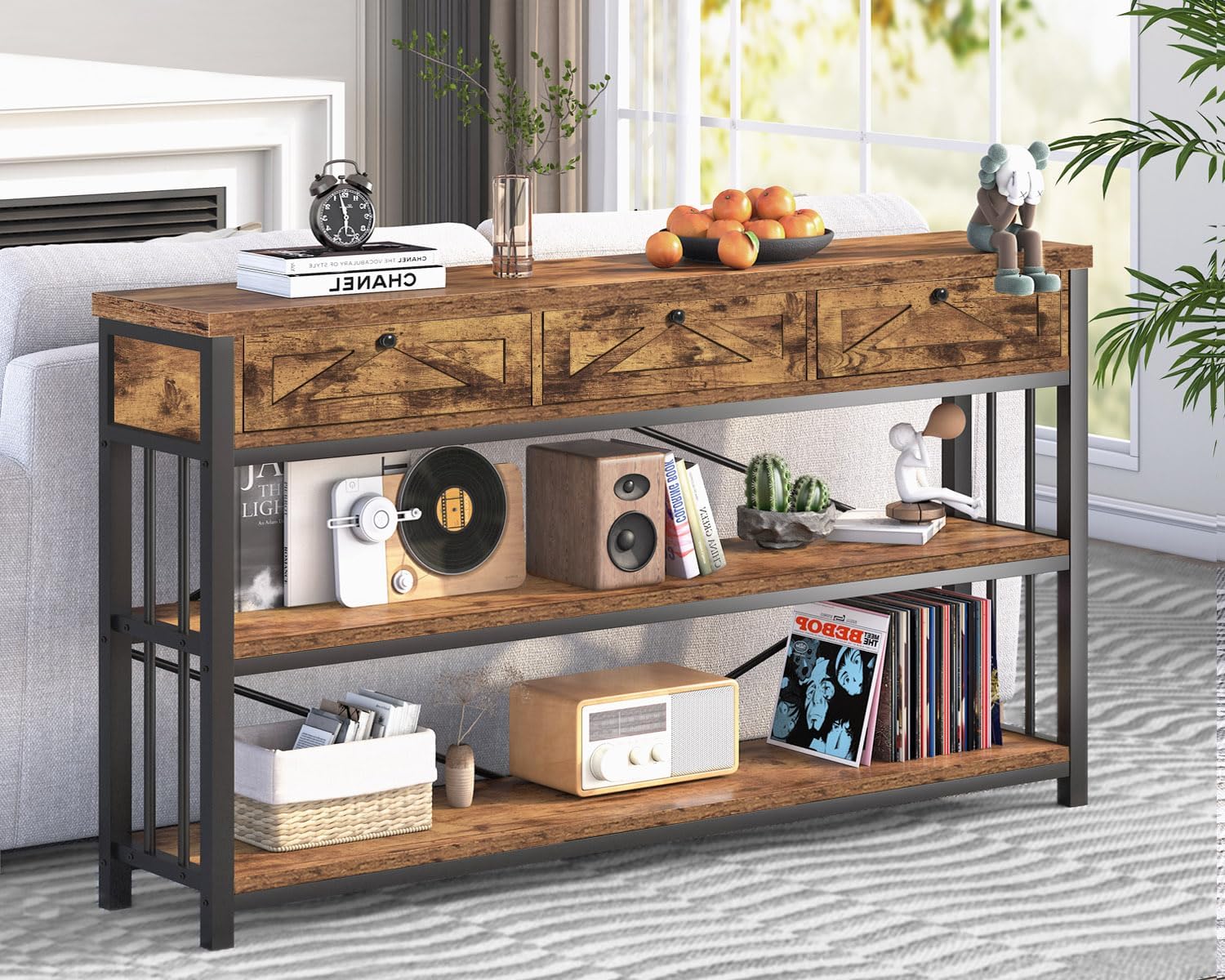 HSH Entryway Console Table with 3 Drawers, Wood Metal 3 Tier Sofa Table with Storage Shelf for Hallway, Farmhouse Industrial Entry Tables Behind Couch for Living Room Kitchen, Rustic Brown, 55 inch