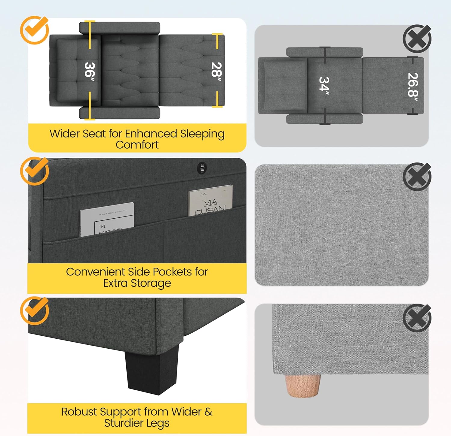 Yaheetech Convertible Chair Bed Fabric Futon Sofa Chair 3-in-1 Sleeper Chair Adjustable Armchair Sleeper with 2 USB Ports for Living Room Limited Space Office Apartment, Dark Gray