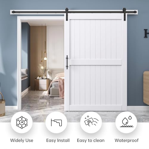 EaseLife 54 x 84 inch White Barn Door with 9FT Sliding Door Hardware Kit Included & Handle,Solid Wood Covered with Waterproof PVC Surface,DIY Assemblely,Easy Install,H-Frame,Fit 50-52in Wide Opening