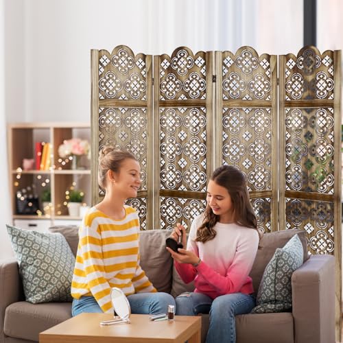 ECOMEX Carved Room Dividers,6 Panel Room Divider with Hand Carved Vintage Style Room Dividers and Folding Privacy Screens,Retro Flower Pattern, Grey