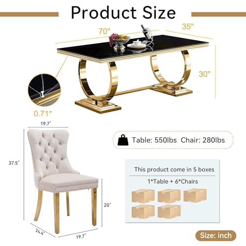 7 Piece Marble Dining Table Set for 6, Luxury White Marble Gold Kitchen Table with 6 Grey Velvet Upholstered Chairs, Modern 6 Person Dining Room Table Set for Kicken Dining Office Room