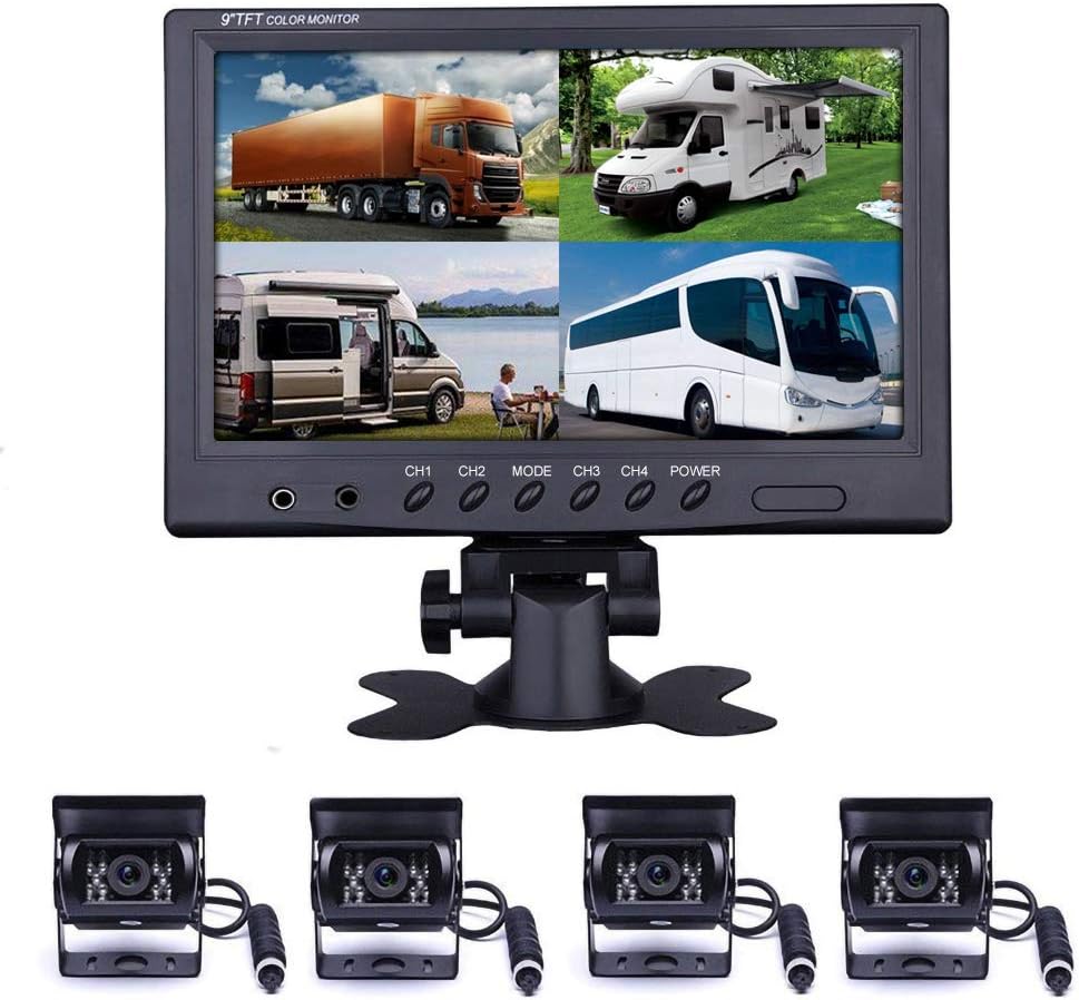 Backup Camera Hard Wired Backup Camera 9'' Quad Split Screen HD Rear Backup Camera Monitor System, Waterproof IR Night Vision Backup Camera for Trucks,Trailer Heavy,Box,RV,Camper Bus Rearview Camera