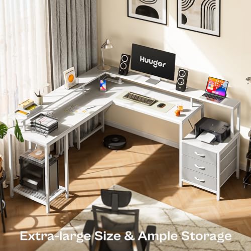 L Shaped Gaming Desk with LED Lights and Power Outlets, Computer Desk with Drawers, 66.1 Inches Corner Desk, Home Office Desk with Printer and Monitor Stand, Large Storage, Rustic Brown