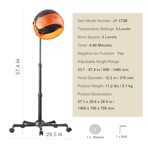 VEVOR Hooded Hair Dryer with Variable Speed & Temperature Adjustment, 1875W Ionic Bonnet Hair Dryer, Sit Under Hair Dryer with Timer, Standing Hair Dryer for Beauty Salon Home Spa