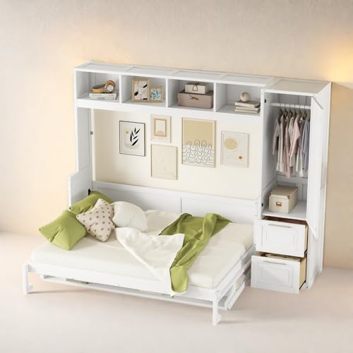 SOFTSEA Queen Size Horizontal Murphy Bed, Queen Murphy Bed with Desk Wardrobe Storage Shelf, Queen Hideaway Wall Bed with Drawers Space-Saving for Guest Room Bedroom or Office, Gray