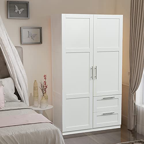Kitchen Pantry Storage Cabinet, Tall Cabinet with 2 Doors and 2 Drawers, Freestanding Cupboard with Adjustable Shelves, Utility Pantry for Kitchen, Dining Room (White)
