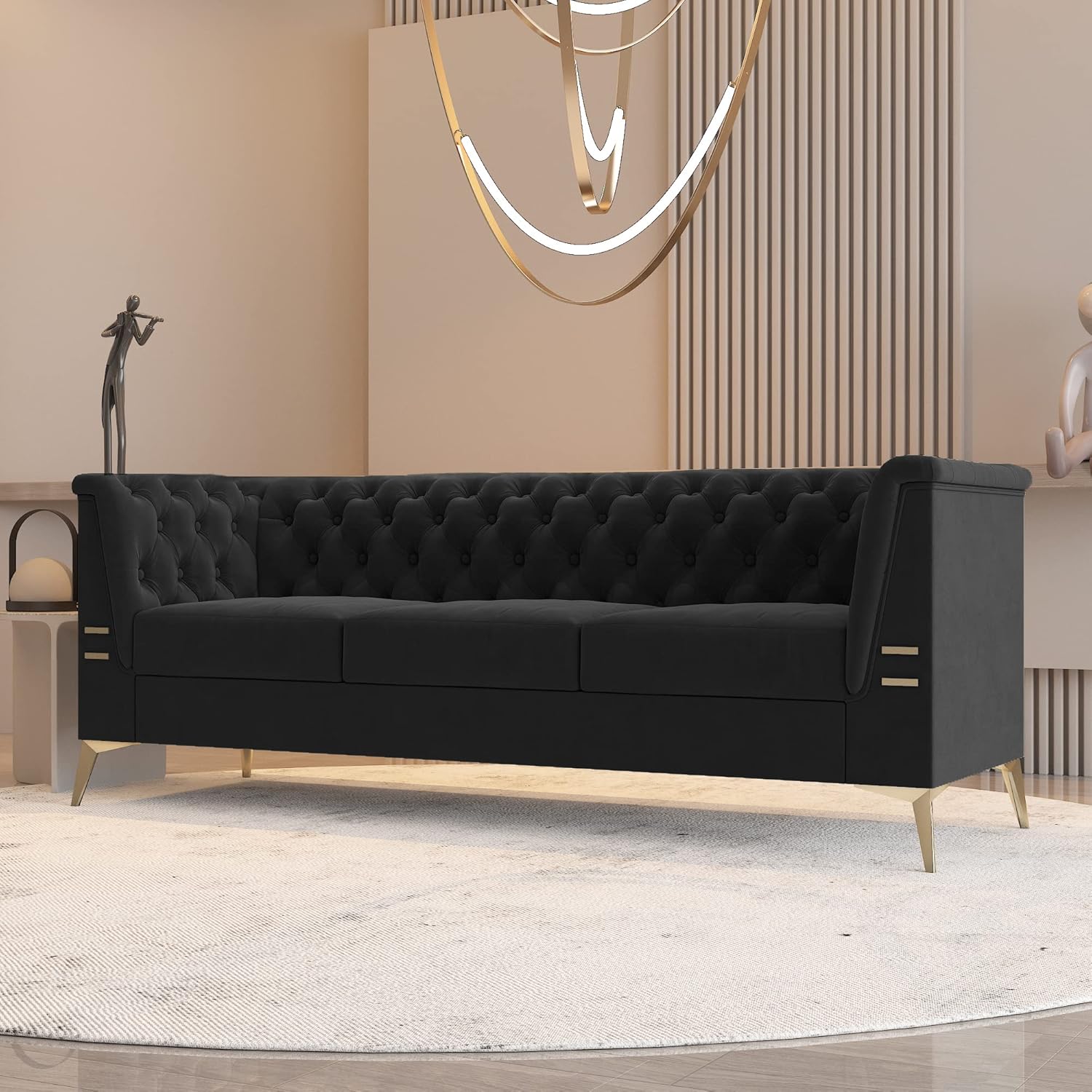 WILLIAMSPACE Chesterfield Sofa 3 Seater Couches Upholstered Tufted Velvet Sectional Sofa for Living Room/Office/Apartment - Dark Grey
