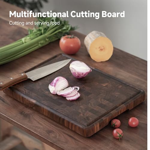 Muso Wood Large End Grain Cutting Borad 20x14 In, Checkered Cutting Board with Feet, Made from Walnut Wood, Chopping Board For Kitchen with Juice Groove Handles