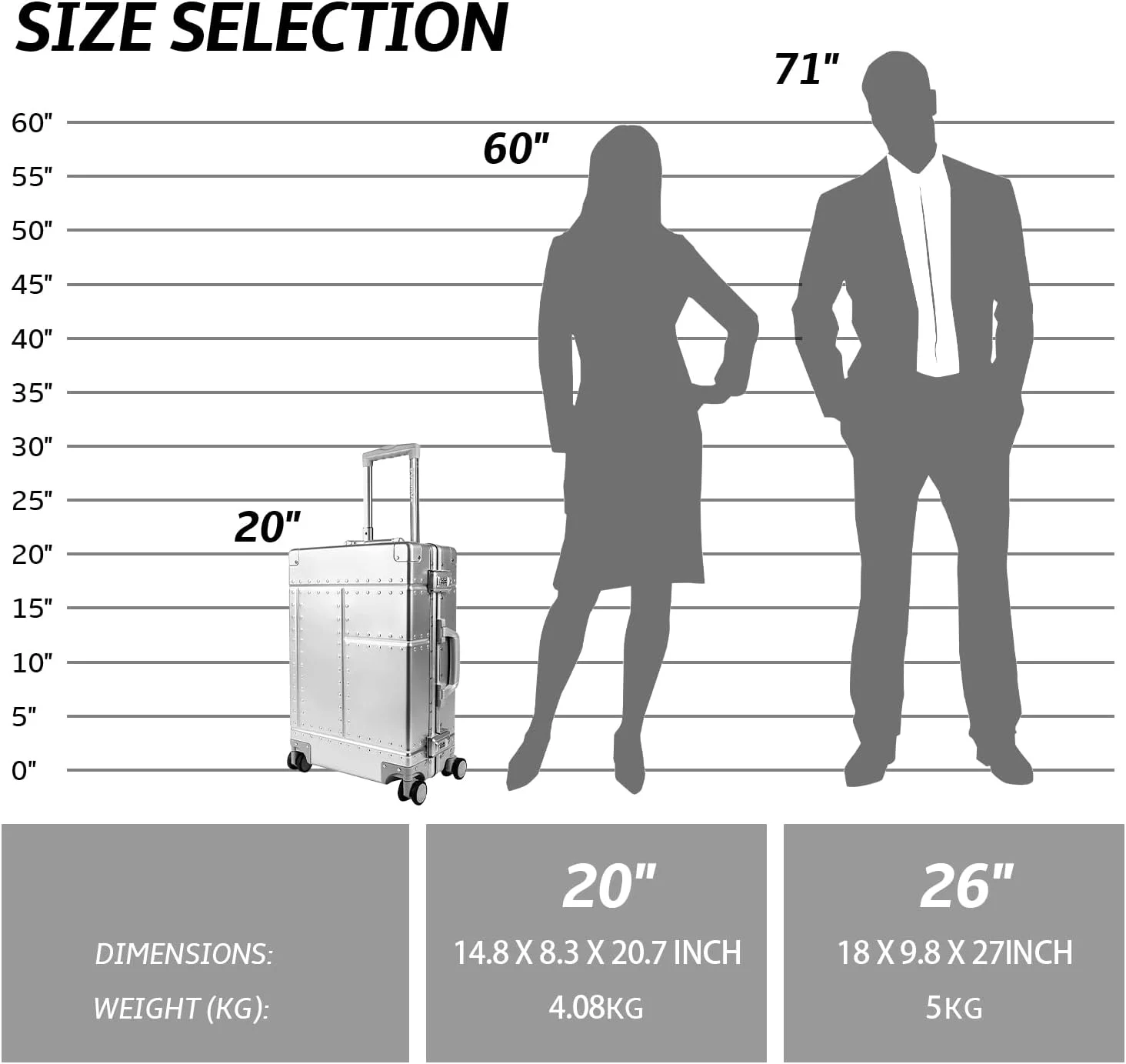 DOMINOX All Aluminum Carry On Luggage Hard Shell Luggage Aluminum Suitcase for Travel Zipperless Luggage Checked Luggage with Silent 360° Spinner Wheels 20 In. (Industry Style, Sliver)