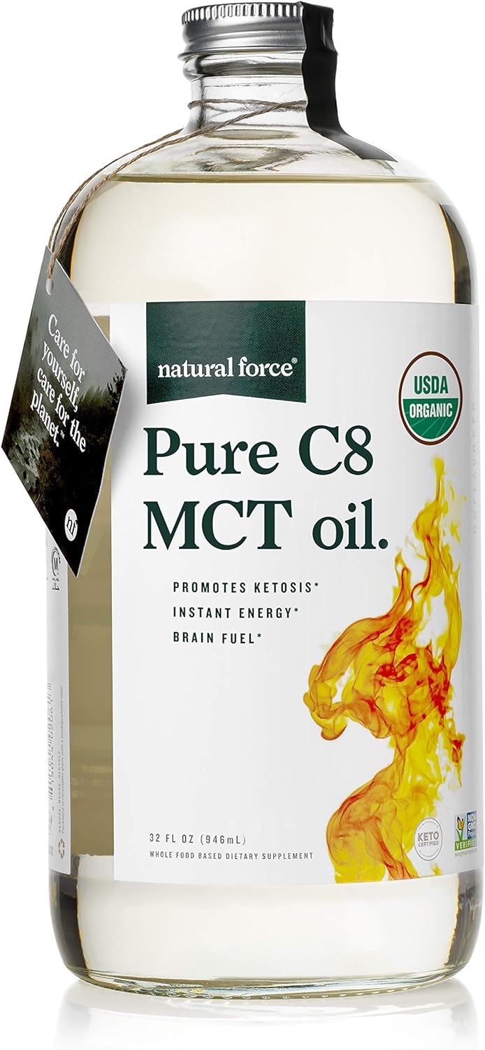Natural Force Organic Pure C8 MCT Oil – Liquid MCT Oil in Glass Bottle Container – Concentrated Caprylic Acid – Keto, Paleo, Kosher, Vegan & Non-GMO – Lab Tested for Quality and Purity, 32 Ounce Pack of 2
