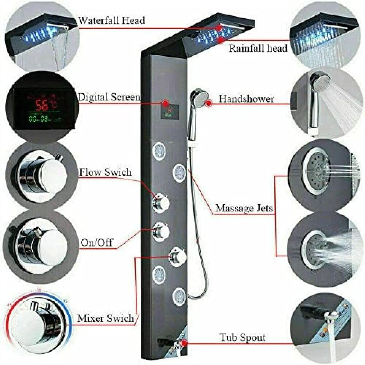 Shower System, Stainless Steel Shower Panel Tower Faucet LED Rainfall Massage System Nozzle Set-Black 9001