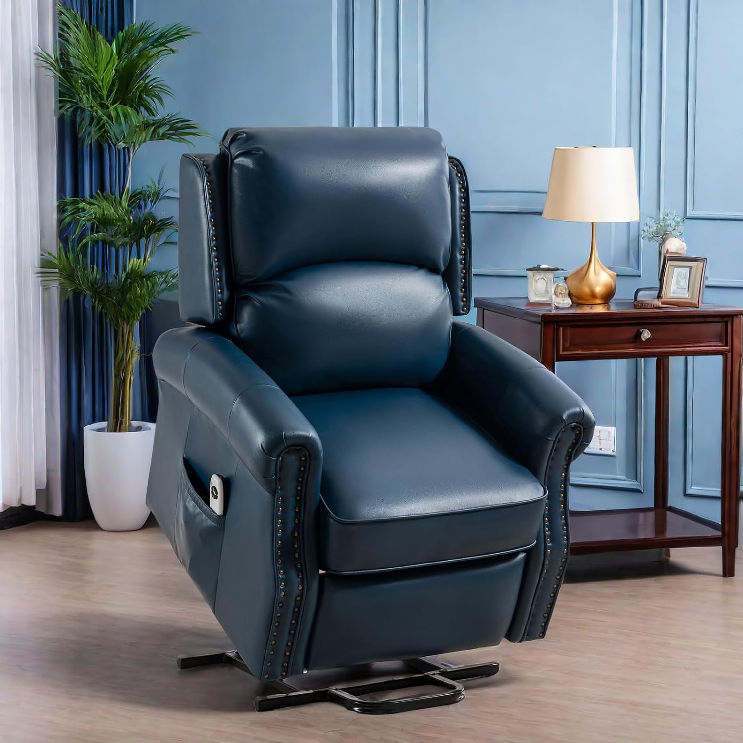 Electric Power Lift Faux Leather Recliner Side Pocket for Storage Chair, Navy Blue