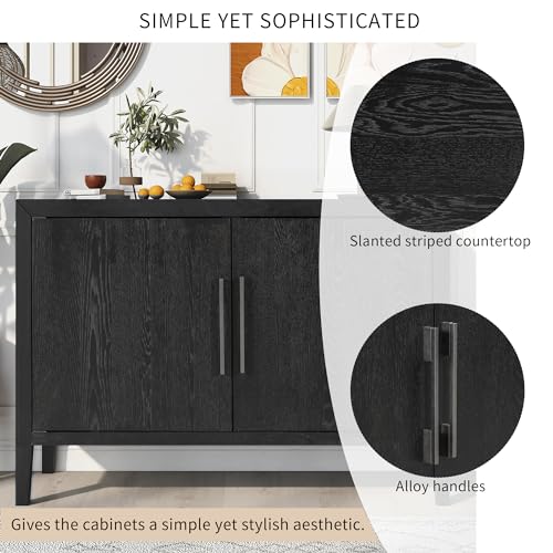 P PURLOVE Sideboard Storage Cabinet with 4 Doors, Retro Large Storage Space Buffet Cabinet with Adjustable Shelves, Sideboard for Hallway, Entryway, Living Room, Dining Room (Black)