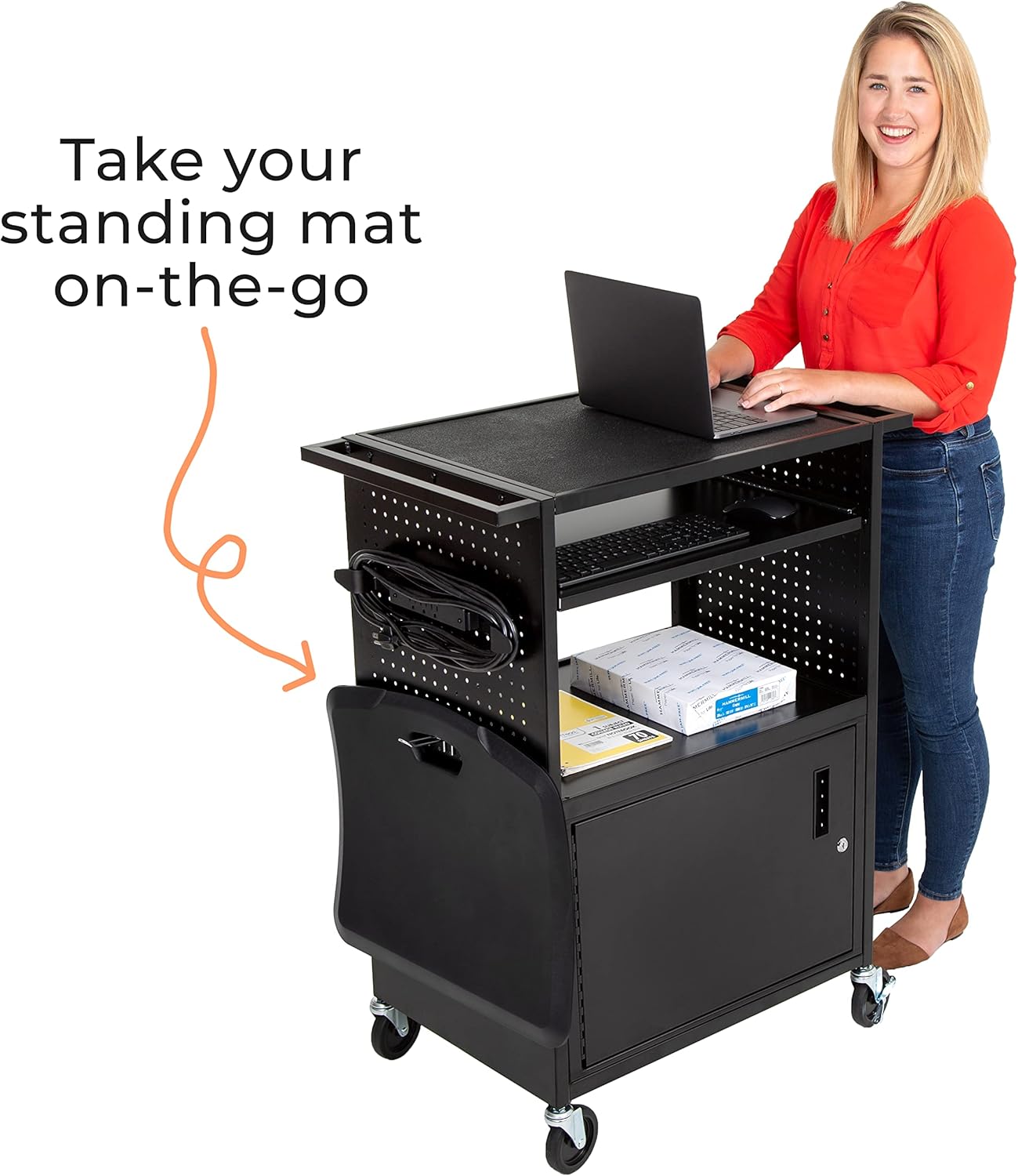 Line Leader Stellar AV Cart | Computer Cart with Pegboard Siding & 12 Hooks for Customizable Storage | Locking Cabinet & Pullout Keyboard Tray | UL Safety Certified Power Outlets | Locking Wheels