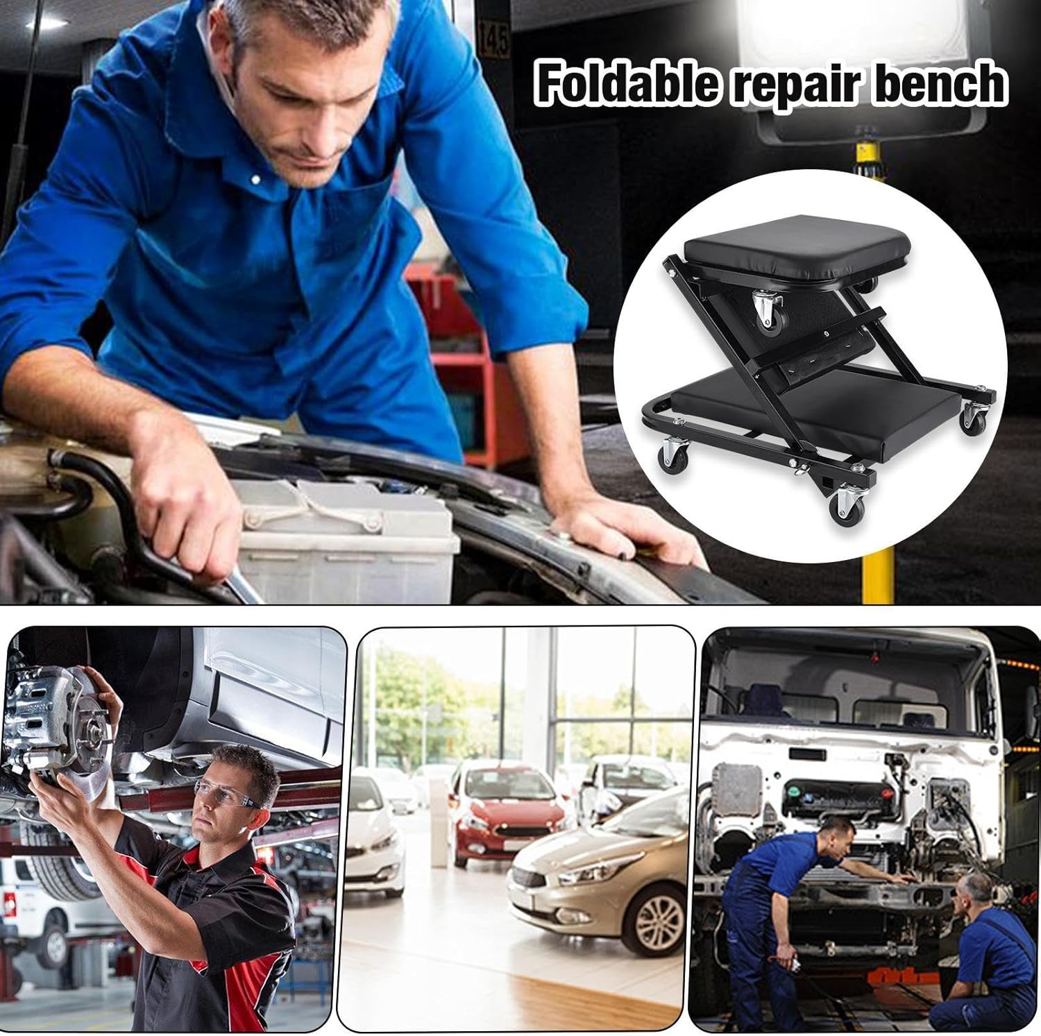 Foldable Z Creeper, 2-in-1 Rolling Folding Car Creeper & Seat, 36 Inches Adjustable Roller Garage Chair Lay Down or Sit, Seamless Steering Under Car Roller Creeper with 6 Swivel Casters