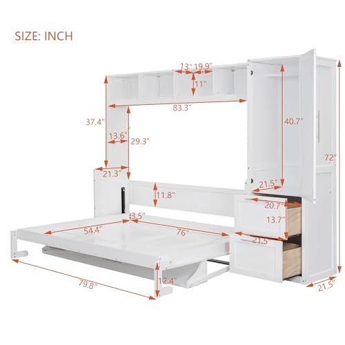 SOFTSEA Queen Size Horizontal Murphy Bed, Queen Murphy Bed with Desk Wardrobe Storage Shelf, Queen Hideaway Wall Bed with Drawers Space-Saving for Guest Room Bedroom or Office, Gray
