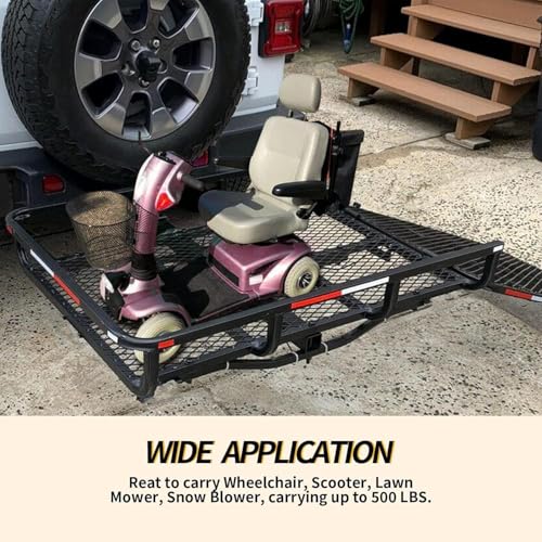 ECOTRIC Hitch Mount Wheelchair Carrier with Mobility Ramp for Wheelchair Scooter Lawn Mower Snow Blower Hauler 500lb Capacity Basket-Style
