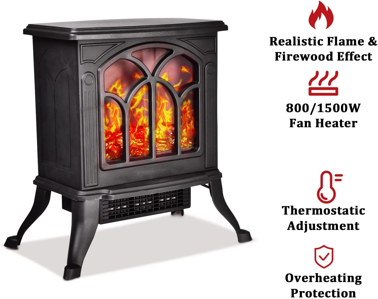 Freestanding Electric Fireplace Heater, 3D Realistic Flame Effect and Overheating Safety Design 800/1500w, Black Faux Space Heater Fireplace Stove for Indoor Use