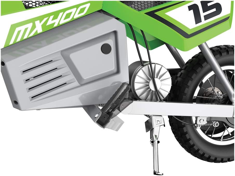 Razor MX350 and MX400 Dirt Rocket 24V Electric Motocross Motorcycle Dirt Bike with Hand-Operated Brakes and Retractable Kickstand, 1 Blue & 1 Green