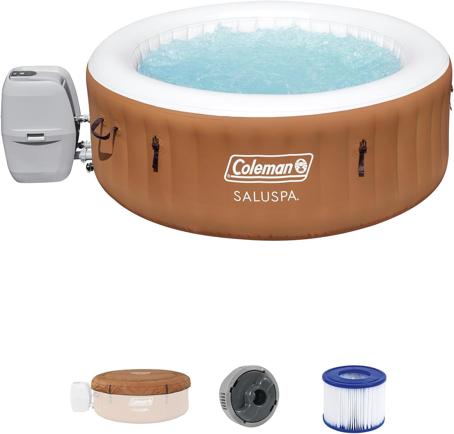 Coleman SaluSpa Ponderosa AirJet Inflatable Round Hot Tub with 2 Bestway SaluSpa Non-Slip Spa Seat and 2 Headrest Pillows with Adjustable Strap